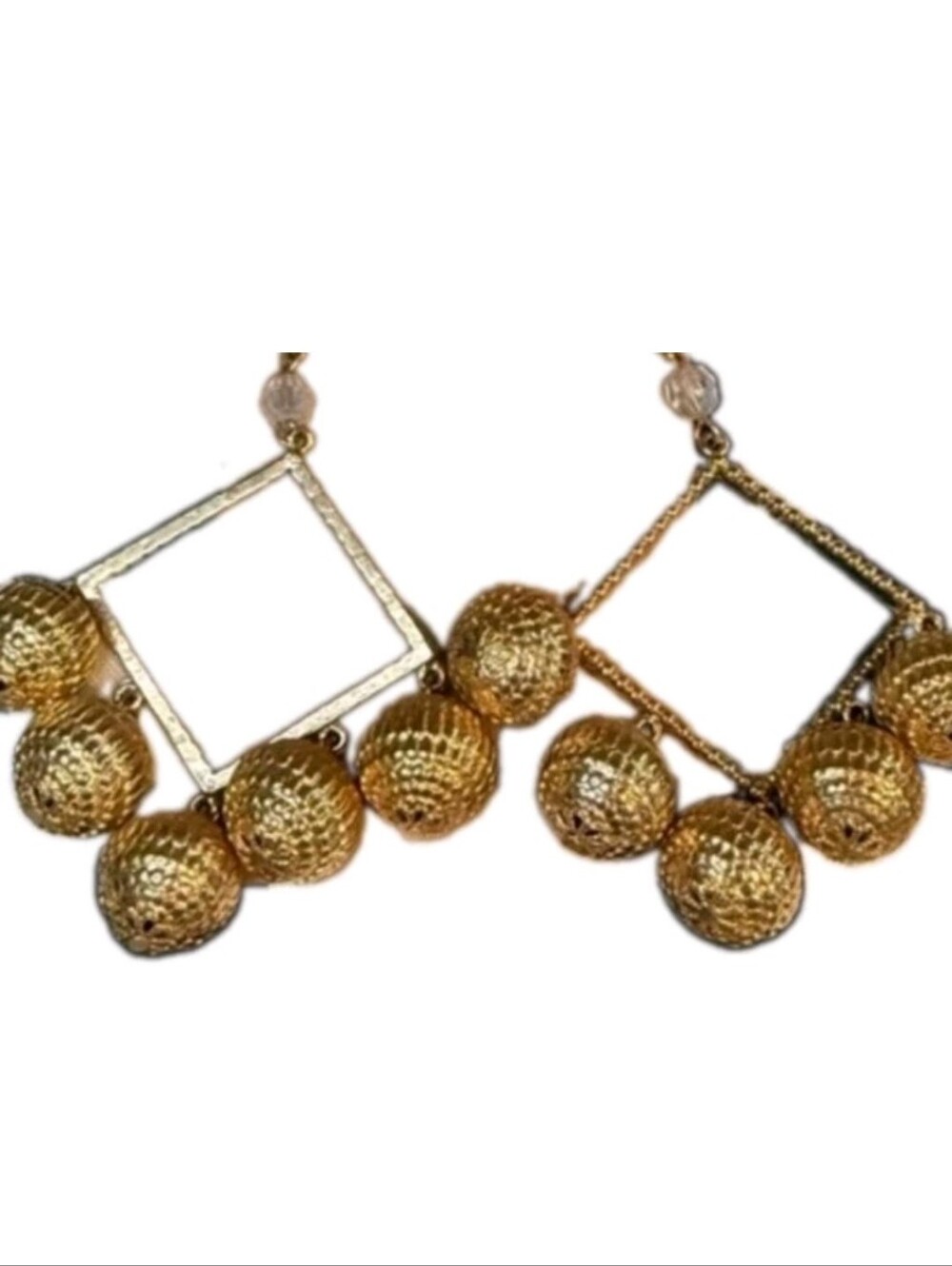 Fabulous Vintage Gold Tone Geometric Earrings w/Five Textured Round Metal Beads